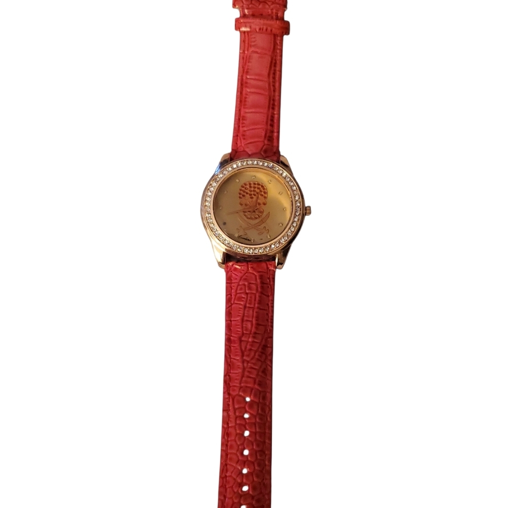 Skull & Cross Swords Watch featuring a Crystal-Studded Bezel and Red Band. - Picture 3 of 5